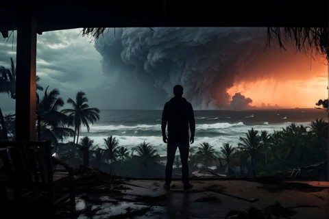 Apocalyptic hurricane scene with human silhouette at destroyed beach resort, AI generated