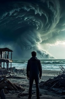 Apocalyptic hurricane scene with human silhouette at destroyed beach resort, AI generated