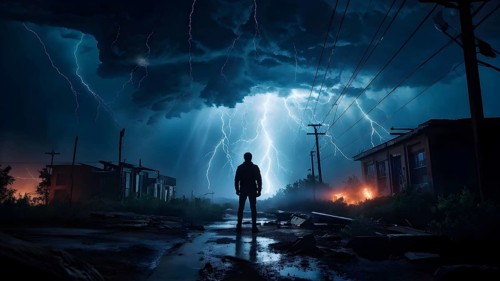 Apocalyptic hurricane scene with human silhouette at destroyed beach resort, AI generated