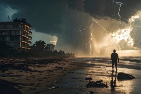 Apocalyptic hurricane scene with human silhouette at destroyed beach resort, AI generated