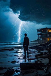 Apocalyptic hurricane scene with human silhouette at destroyed beach resort, AI generated