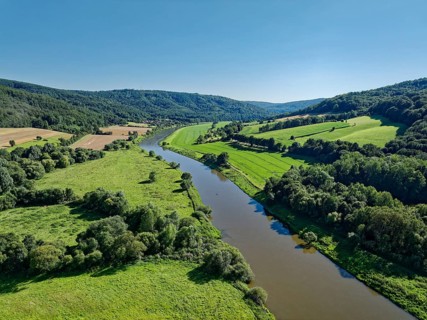 Aerial view of the course of the Upper Weser between Bursfelde and Wesertal through the southern