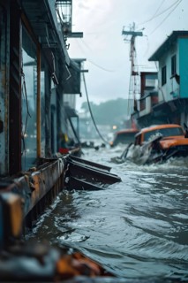 Apocalyptic hurricane scene with flood and destroyed city, AI generated