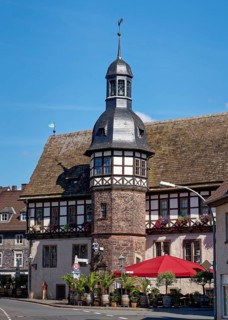 Ratskeller tower and the south side of the historic town hall in Weser Renaissance style in the