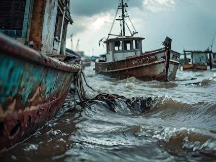 Apocalyptic hurricane scene at a destroyed harbor, AI generated