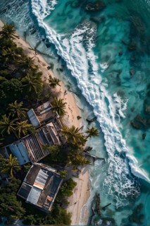 Aerial view of apocalyptic hurricane scene at a destroyed beach resort, AI generated