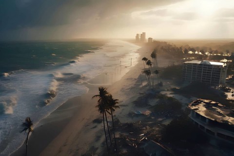 Aerial view of apocalyptic hurricane scene at a destroyed beach resort, AI generated