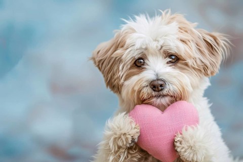 Cute white dog holding pink plush heart in paws. Generative Ai, AI generated