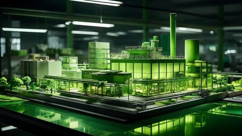Model of green factory symbolizing green washing concept, AI generated