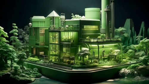 Model of green factory symbolizing green washing concept, AI generated