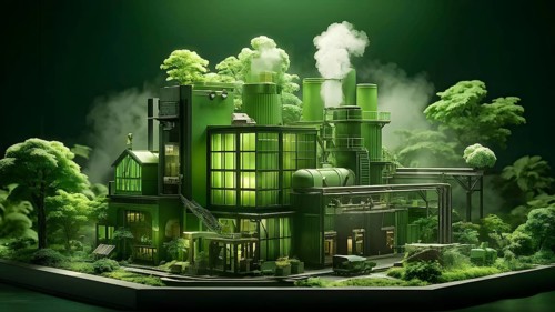 Model of green factory symbolizing green washing concept, AI generated