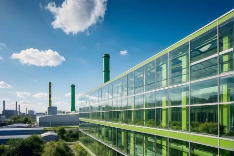 Green cardboard factory symbolizing green washing concept, AI generated