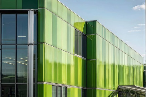 Green cardboard factory symbolizing green washing concept, AI generated