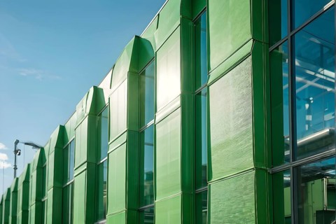 Green cardboard factory symbolizing green washing concept, AI generated