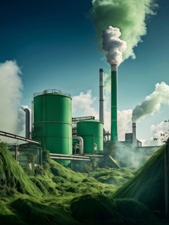 Green cardboard factory symbolizing green washing concept, AI generated