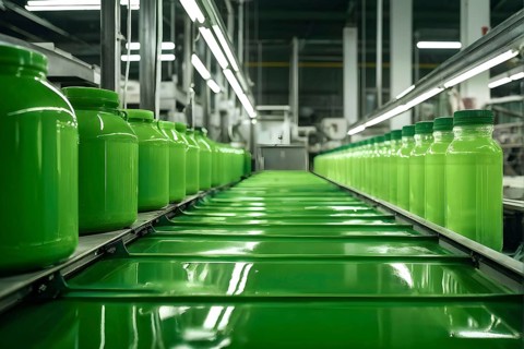 Close up view in green factory symbolizing green washing concept, AI generated