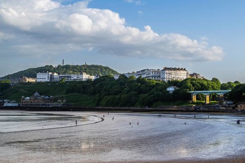 View over Scarborough Beach and South Bay Beach, Scarborough, North Yorkshire, England, United