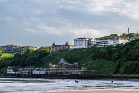 View over Scarborough Beach and South Bay Beach, Scarborough, North Yorkshire, England, United