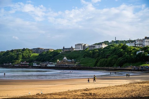 View over Scarborough Beach and South Bay Beach, Scarborough, North Yorkshire, England, United