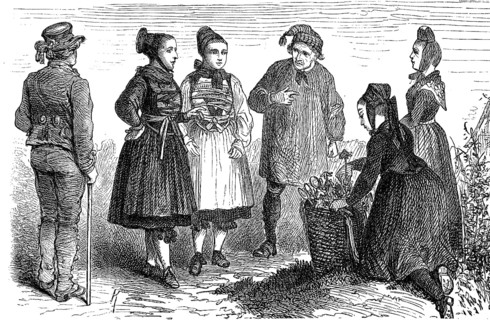 People in traditional traditional costume from the district of Hesse-Darmstadt, then Grand Duchy of