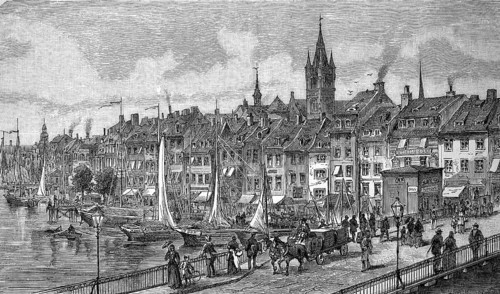 View from the wooden bridge to the old town, Königsberg, Kaliningrad, Russia, in 1880, Historical,