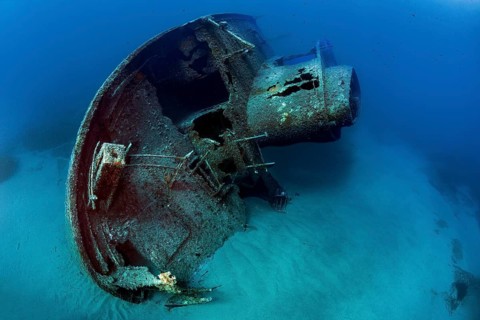 Wreck of 1972 sunken ship freighter decaying rusting shipwreck Elviscot lies on starboard side on