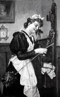 Maid using the telephone on 1 January for a New Year's greeting, illustration from 1895, Germany,