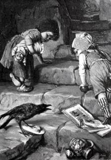Cheeky raven bird threatens two small children who are on the retreat and are afraid, Illustration