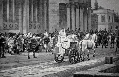 An exit of the great Vestal Virgin, Roman priestess of the goddess Vesta, Rome in the year 350,