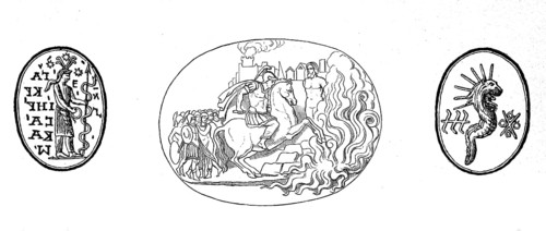 Gems, seal stones, here with depiction of Abraxas (left and right), as well as the sacrificial
