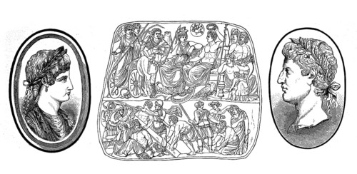 Gems, seal stones, here with depiction of Agrippina, Augustus, Apotheosis of Augustus, illustration