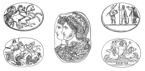 Gems, seal stones, here with depiction of Diana, Bens, Victoria, Poseidon and Cameo Gonzaga,