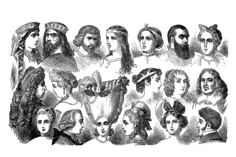 Hair costumes from the 6th century to the 18th century, illustration from 1880, historical, digital