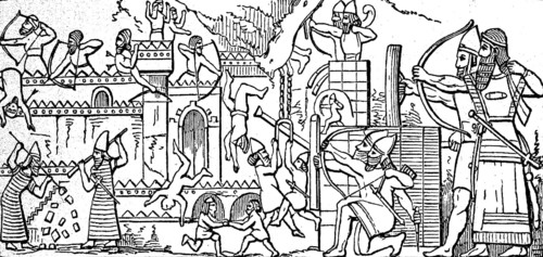 Assyrian warriors, siege scene, Assyria, Assyrian Empire, ca 800 BC, Illustration from 1890,