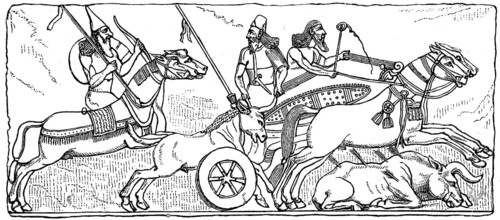 Assyrian warriors with chariots hunting bulls, Assyria, Assyrian Empire, ca 800 BC, Illustration