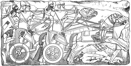 Assyrian warriors with chariot, Assyria, Assyrian Empire, ca 800 B.C., Illustration from 1890,