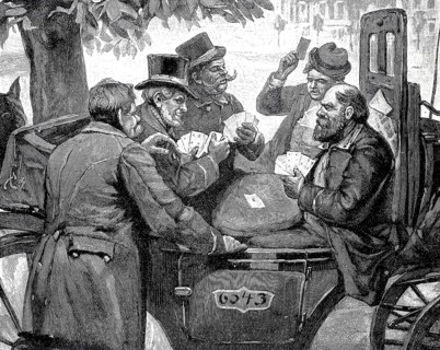 Men playing cards in a carriage, Berlin, 1896, Germany, Historical, digital reproduction of an