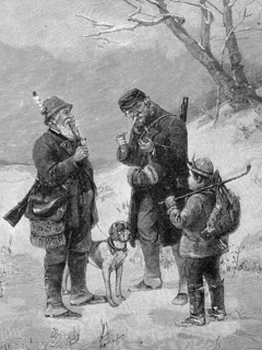 Hunters exchange their hunting experiences, hunting gossip, stand together with rifle, hunting dog