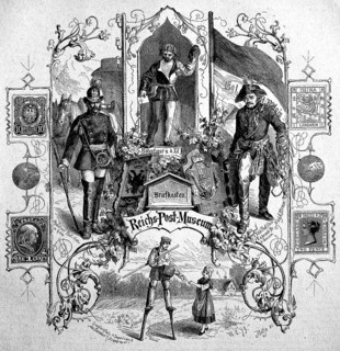 The Reichspostmuseum in Berlin with historical stamps and costumes, Illustration from 1890,