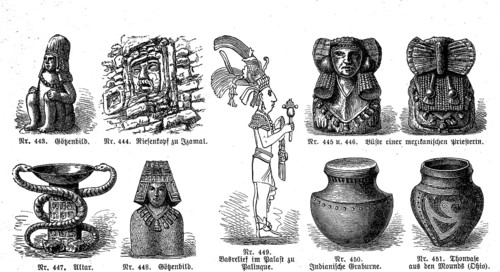 Antiquities from Peru, clay vessels, funerary urns, bust of a Mexican priestess, idols, and palace