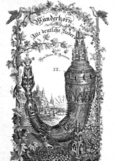 The jubilant Wunderhorn, cover picture of a German song collection from 1808, historical, digital