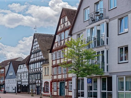 Half-timbered houses on Halbmondstrasse in the centre of Holzminden. Weserbergland, Lower Saxony,