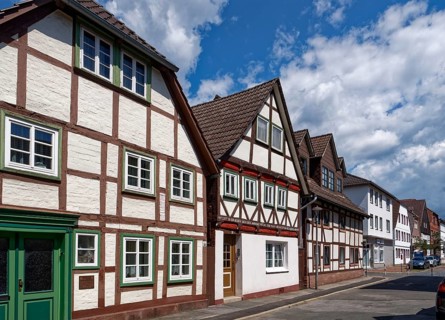 Half-timbered houses in Schulstrasse in the centre of Holzminden. Weserbergland, Lower Saxony,