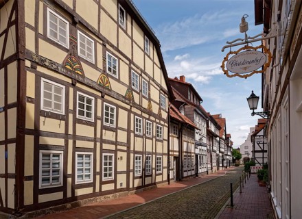 Town centre of Hameln, Alte Marktstrasse, with cobblestones and historic half-timbered houses.