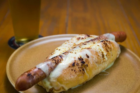 Delicious close-up of traditional Uruguayan hot dog (pancho)