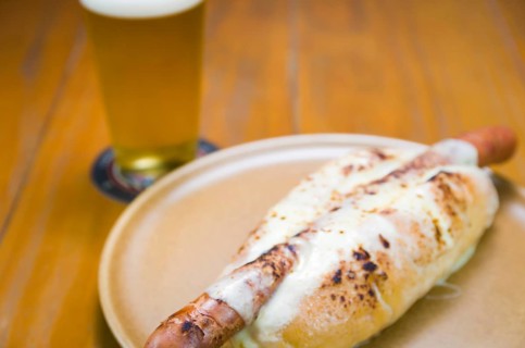 Delicious close-up of traditional Uruguayan hot dog (pancho)