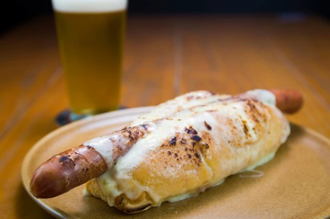 Delicious close-up of traditional Uruguayan hot dog (pancho)