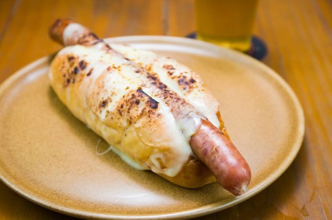 Delicious close-up of traditional Uruguayan hot dog (pancho)