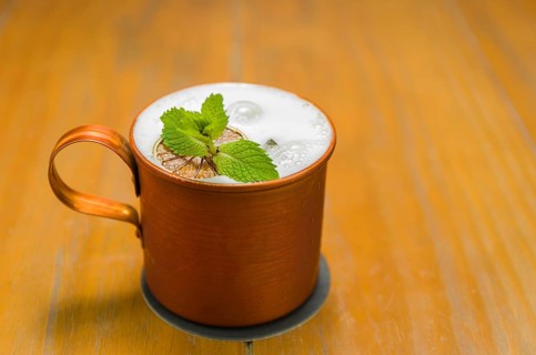 Delicious Moscow Mule drink copper cup close-up