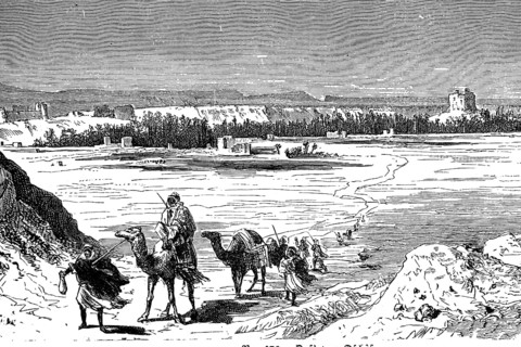 Camel caravan in the Arabian desert, 1890 / Kamelkarawane in der arabischen Wüste, 1890,